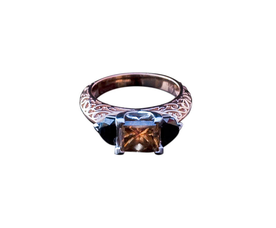 18ct Rose - White Gold Cognac - Black Diamond Engagement Ring