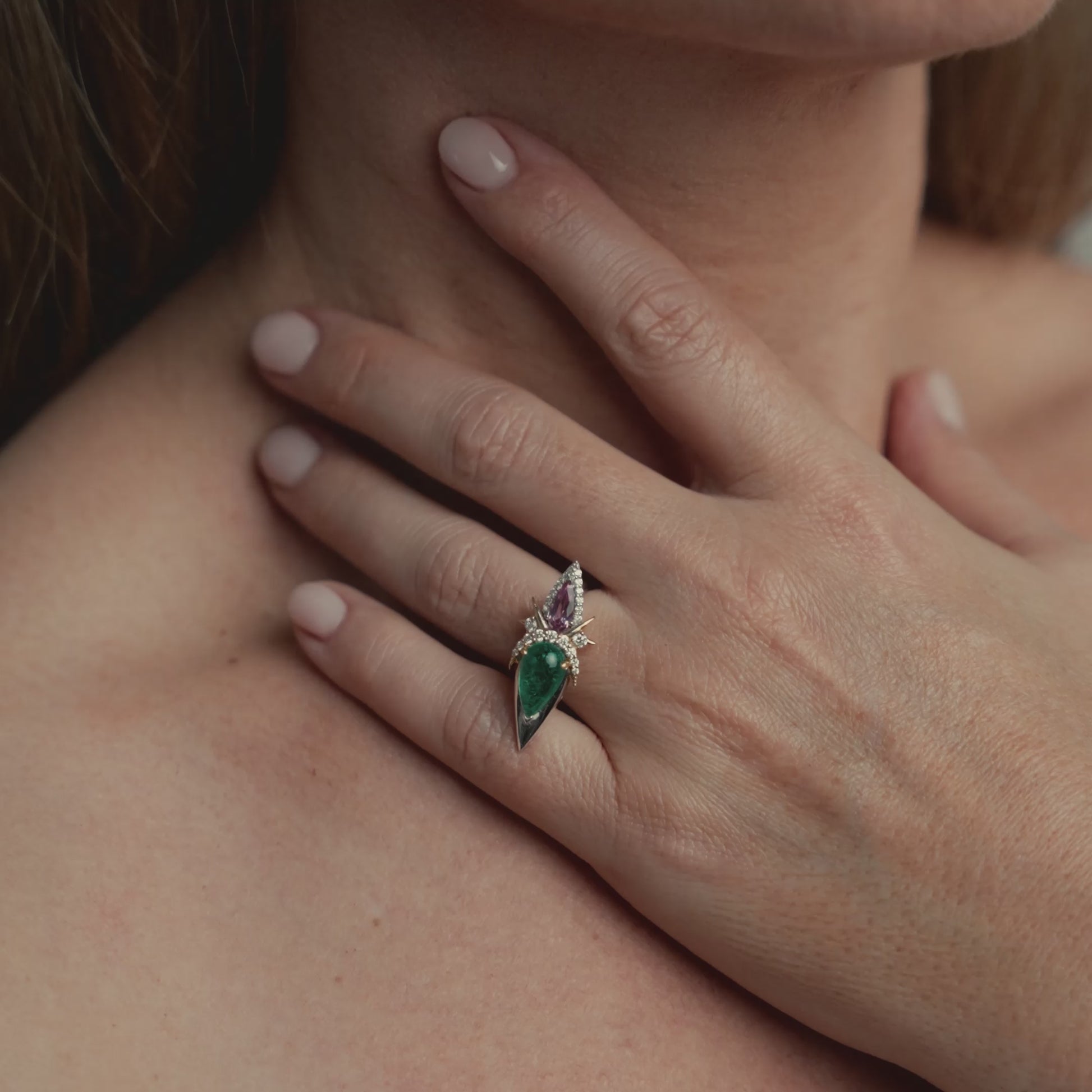 Video of model wearing ring on engagement ring finger