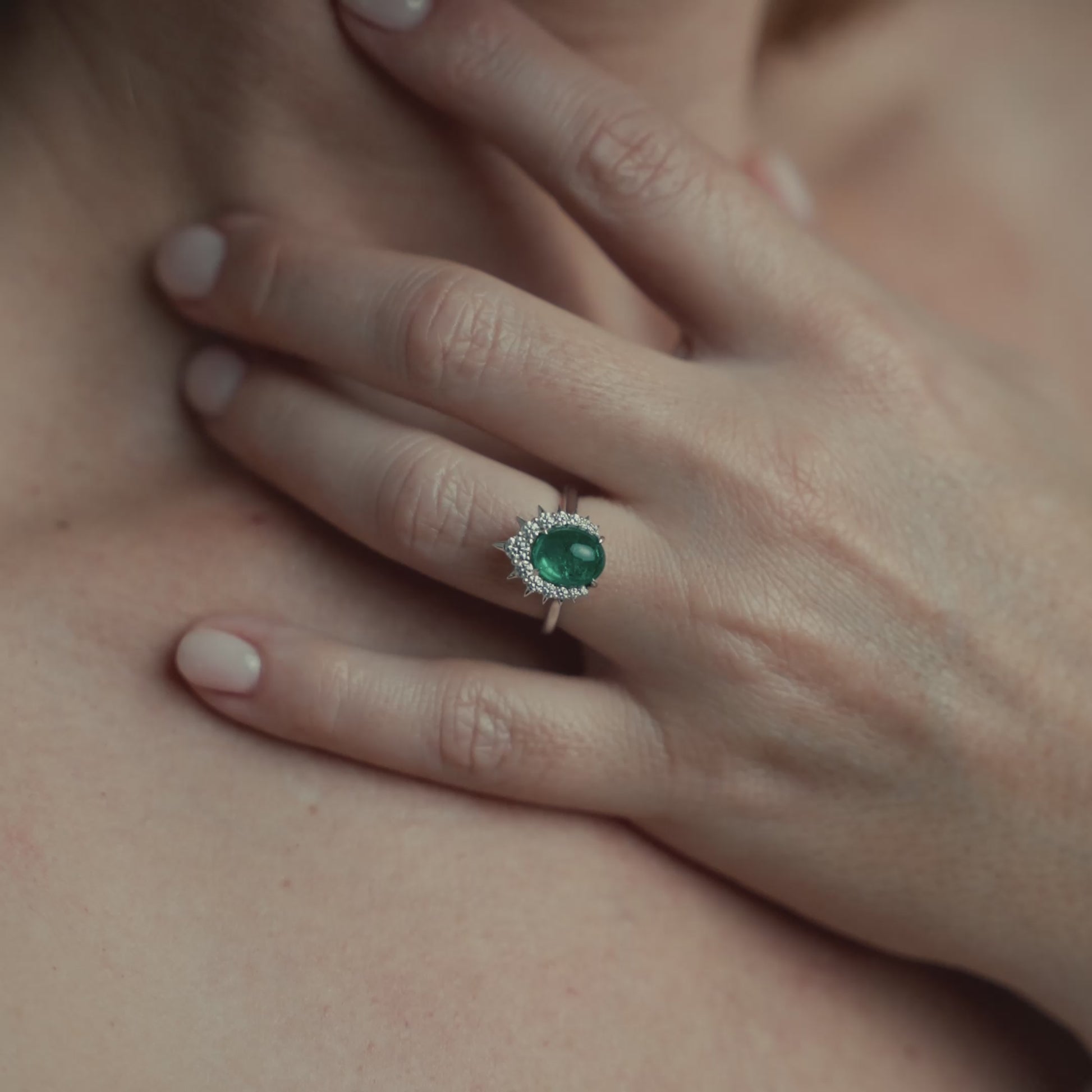 Video of model wearing ring on engagement ring finger