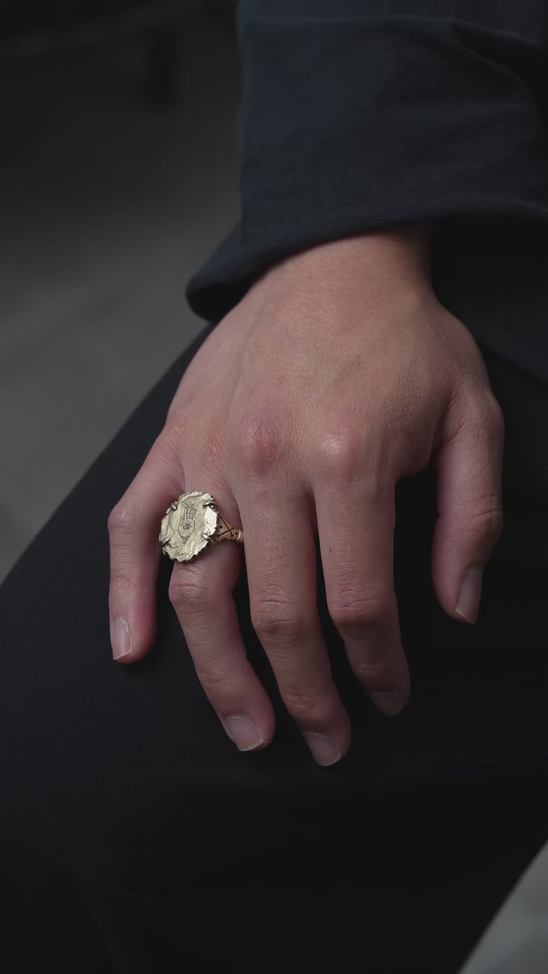 Video of model wearing Gold Ring Engraved with Hamsa Hand