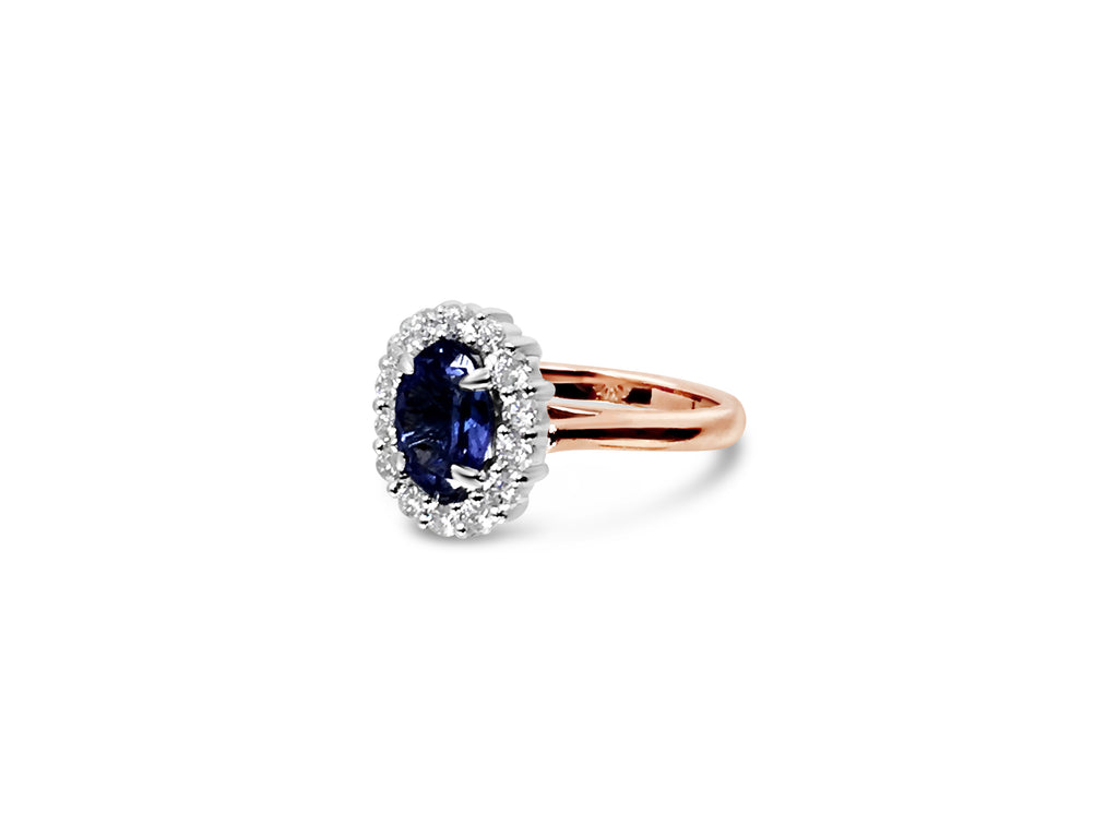 18ct Whit-Rose Gold Tanzantie - Round Brilliant Cut Diamond Halo Ring