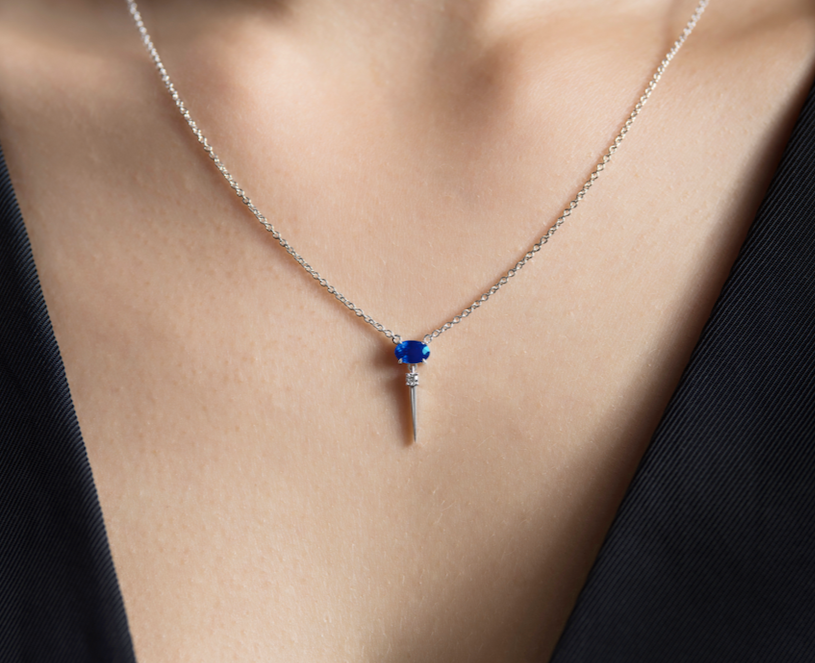 White Gold - Blue Sapphire & Diamond Drop Necklace