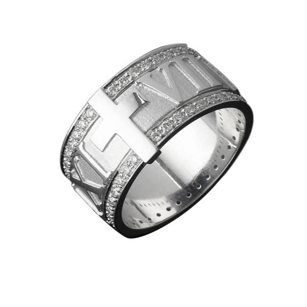 18ct White Gold Mens Roman Numeral Diamond Wedding Band