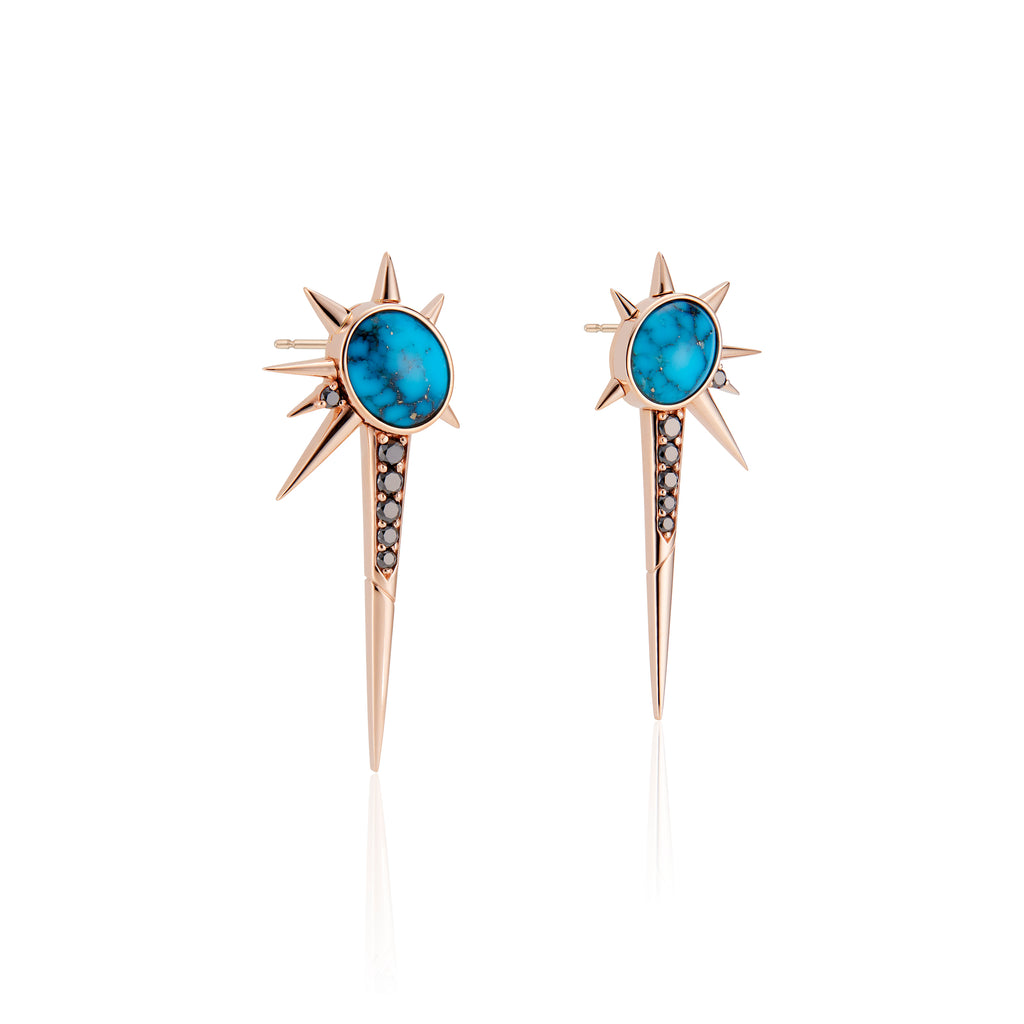 Turquoise and black diamond drop earrings with long spikes , women's long turquoise earrings
