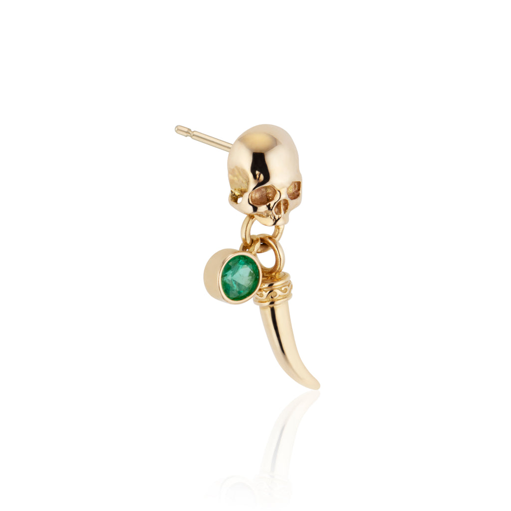 Gold Skull Earring with Emerald & Tusk