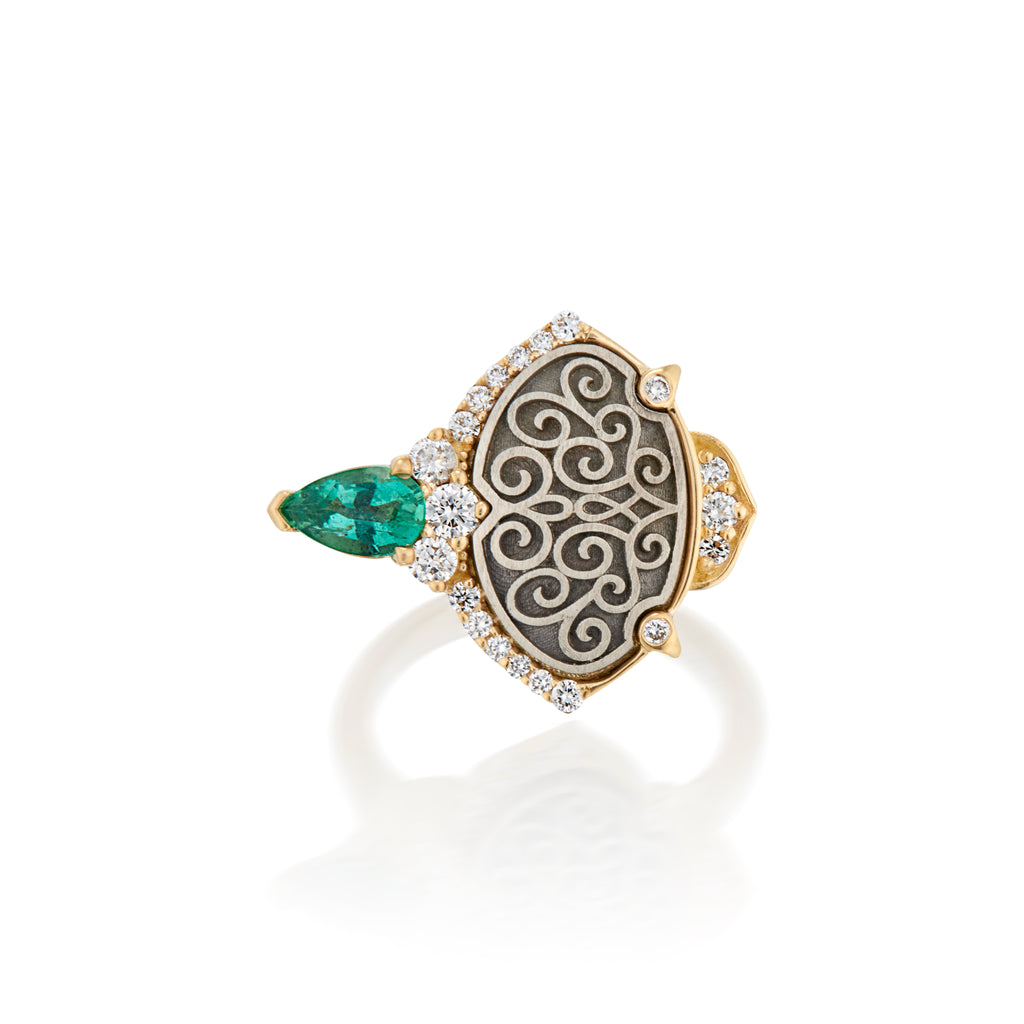 18ct Gold - Oxidized Silver Emerald - Diamond Ring