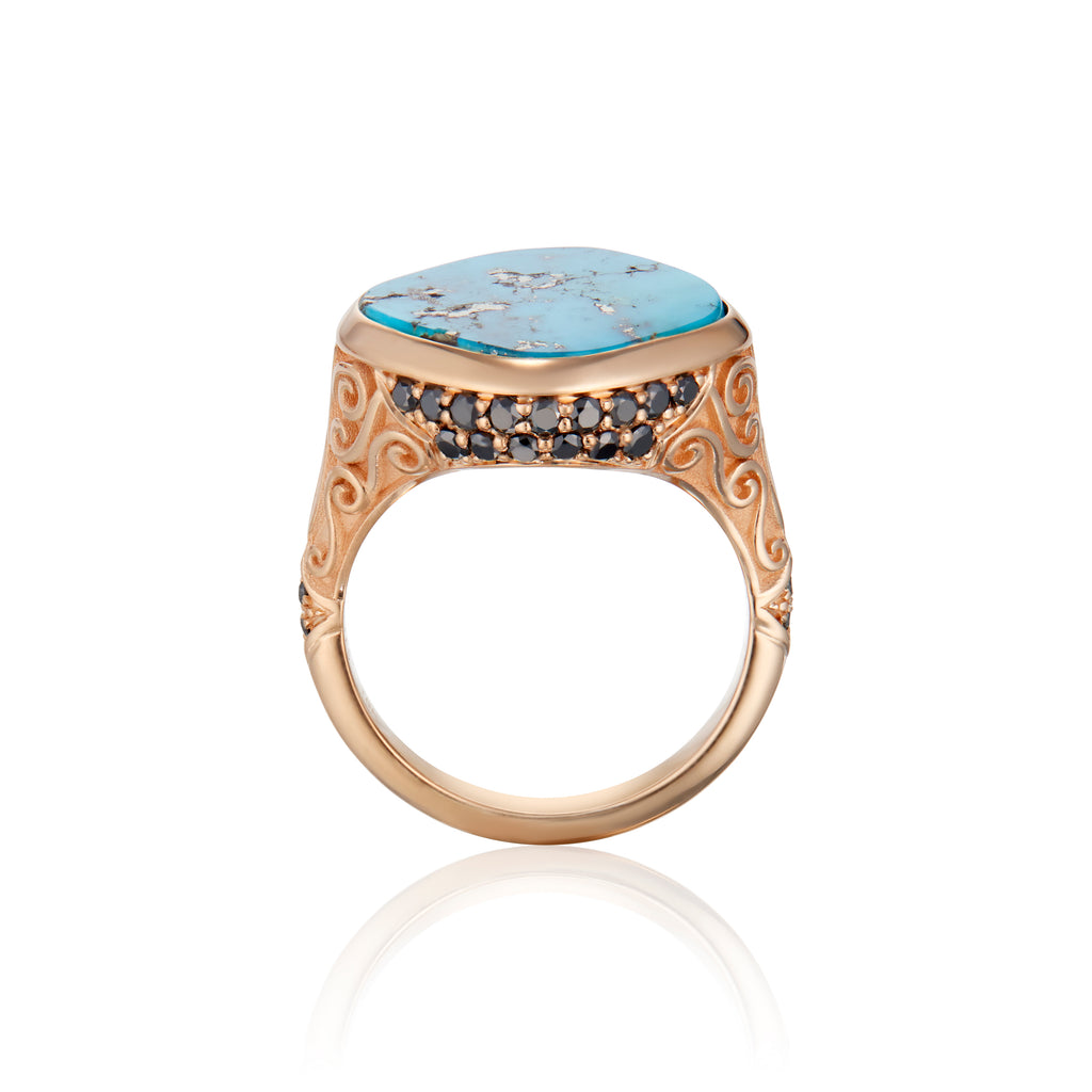 Morenci Turquoise & Black diamond Signet Style Filigree Ring
