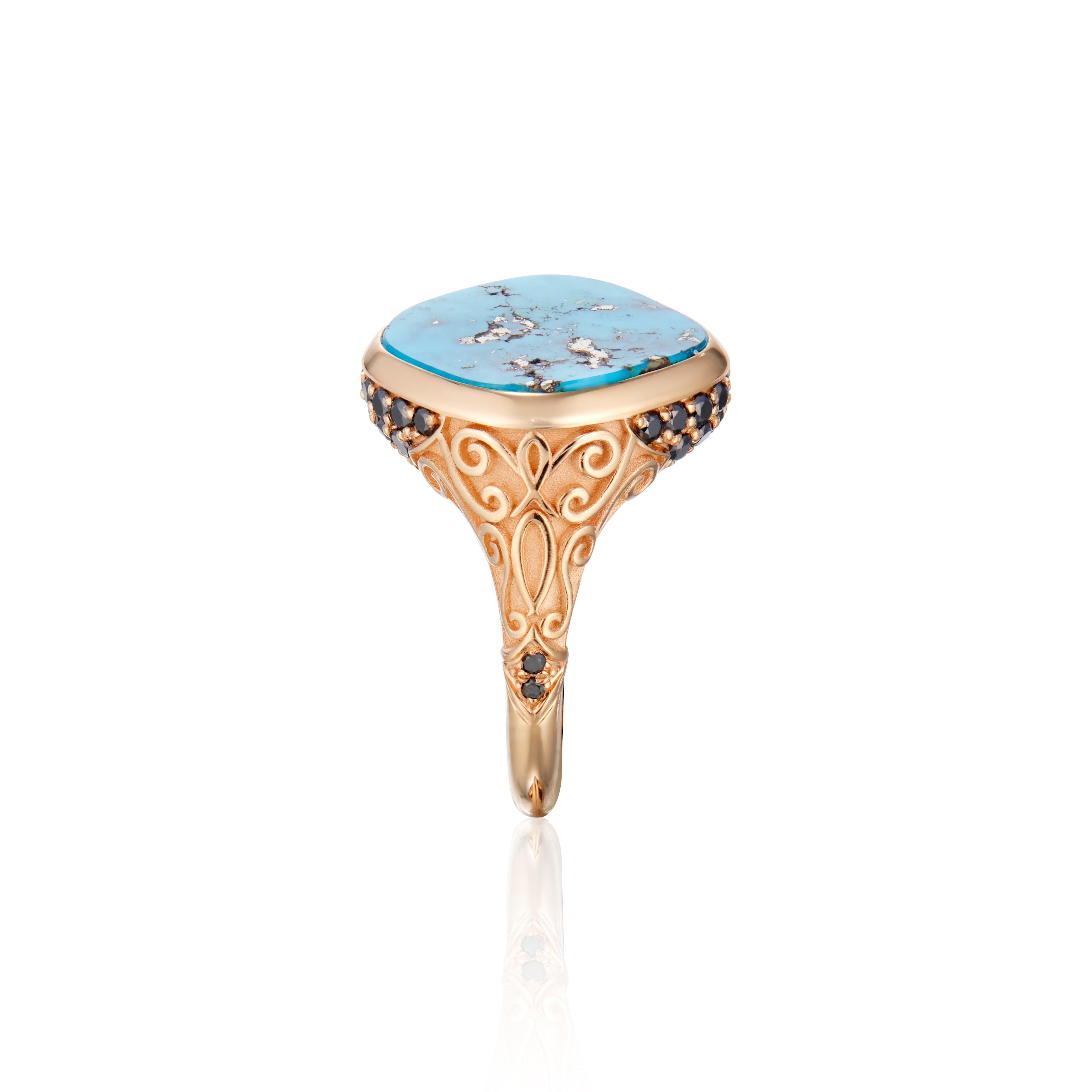 Morenci Turquoise & Black diamond Signet Style Filigree Ring
