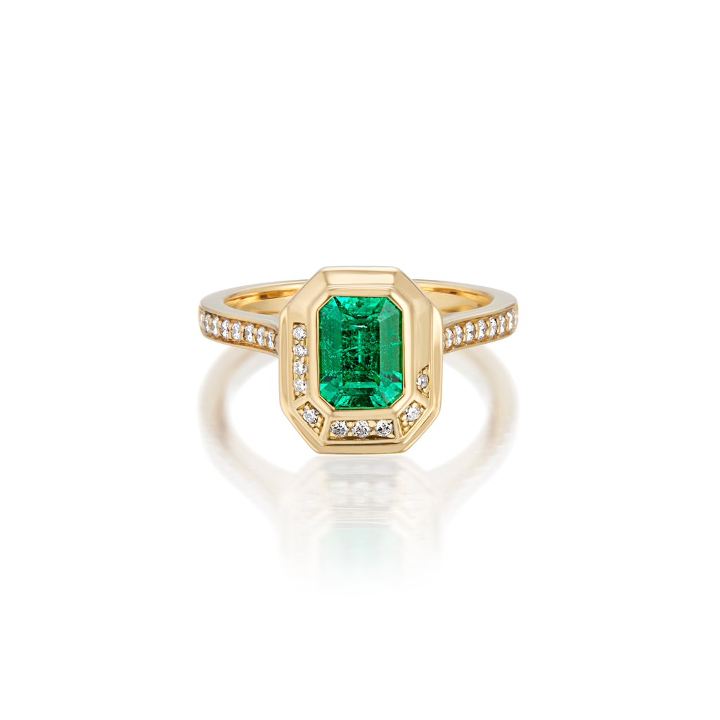 18ct Yellow Gold Emerald Cut Emerald & Diamond Engagement Ring