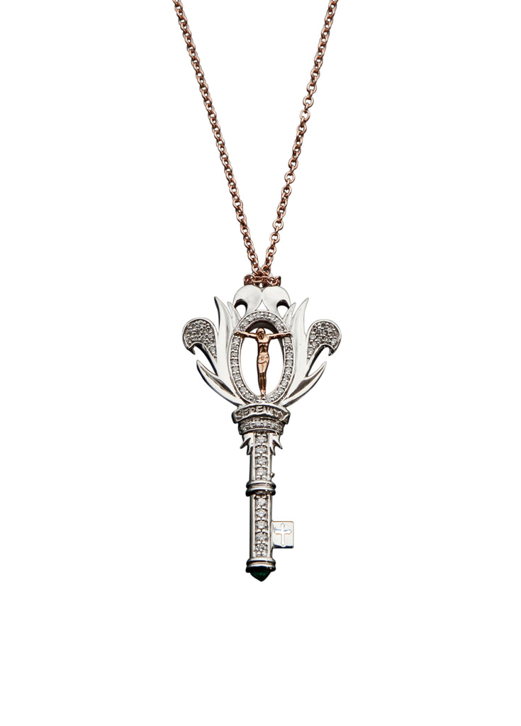 18ct White - Rose gold Diamond - Emerald Crucifix Key Necklace