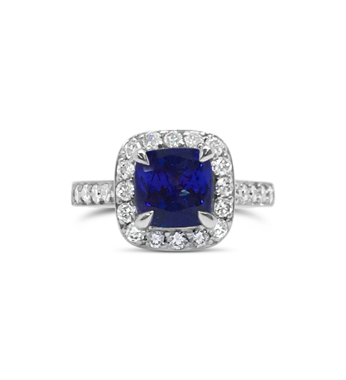 18ct White Gold Tanzantie - Diamond Halo Ring
