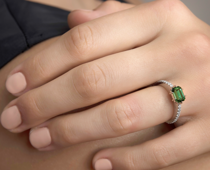 Horizontal 6 Claw Green Tourmaline & Diamond Engagement Ring - Alternative Engagement Ring