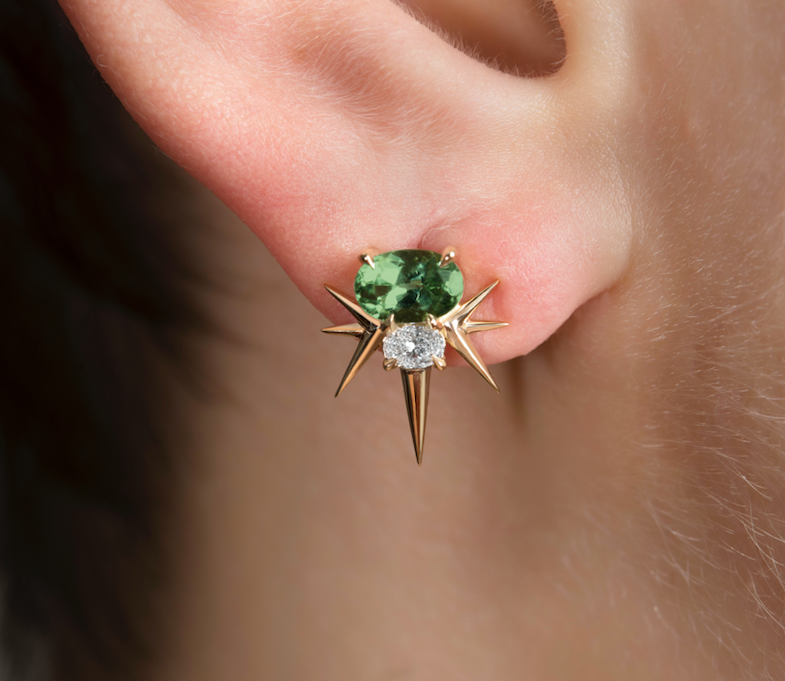 Rose Gold Green Tourmaline And Diamond Spike Earrings