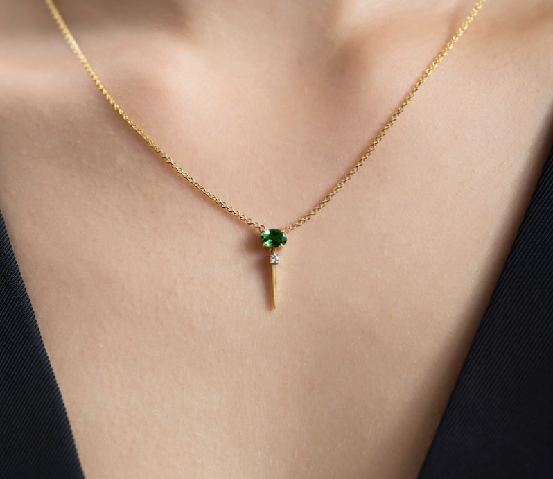 Rose Gold - Tsavorite & Diamond Drop Necklace