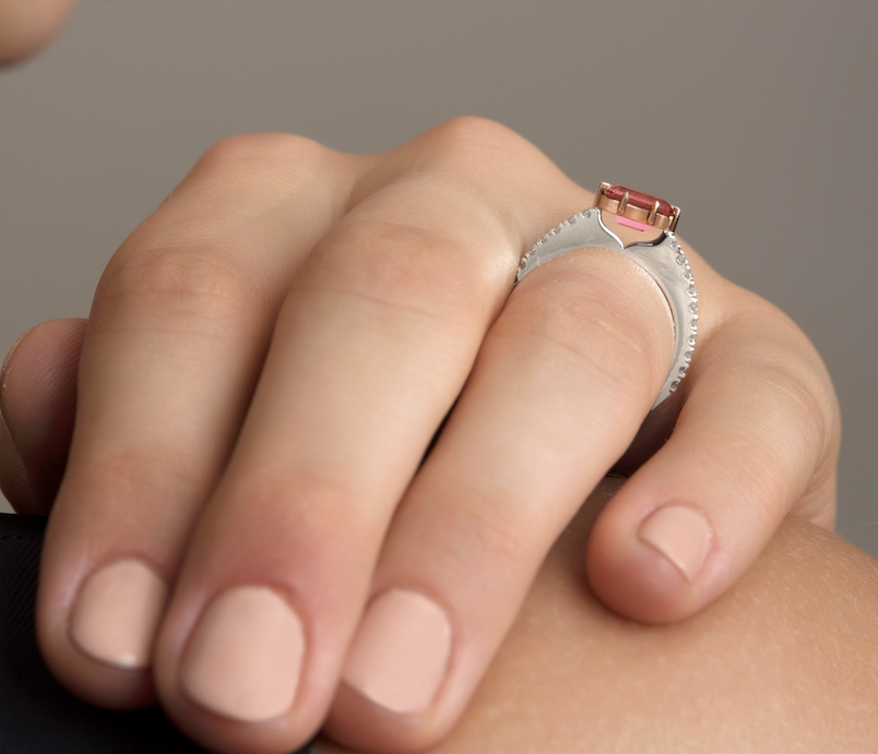 Horizontal 6 Claw Pink Tourmaline & Diamond Engagement Ring - Alternative Engagement Ring