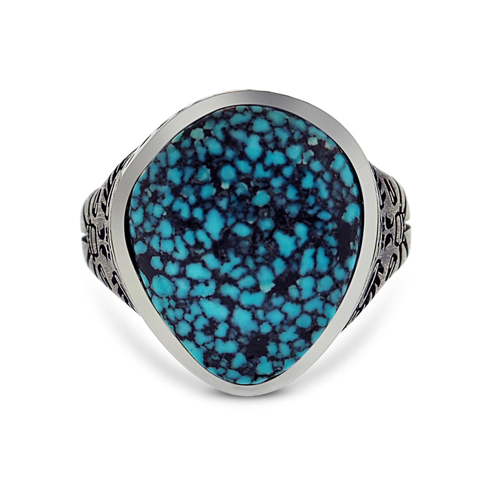 Silver Black webbed Kingman Turquoise Ring - Thunderbird