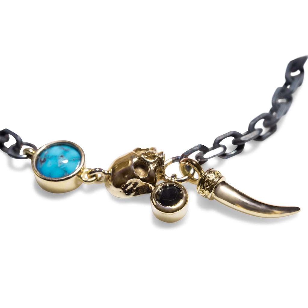 14ct Yellow Gold - Oxidized Silver, Skull - Turquoise - Black Diamond Bracelet