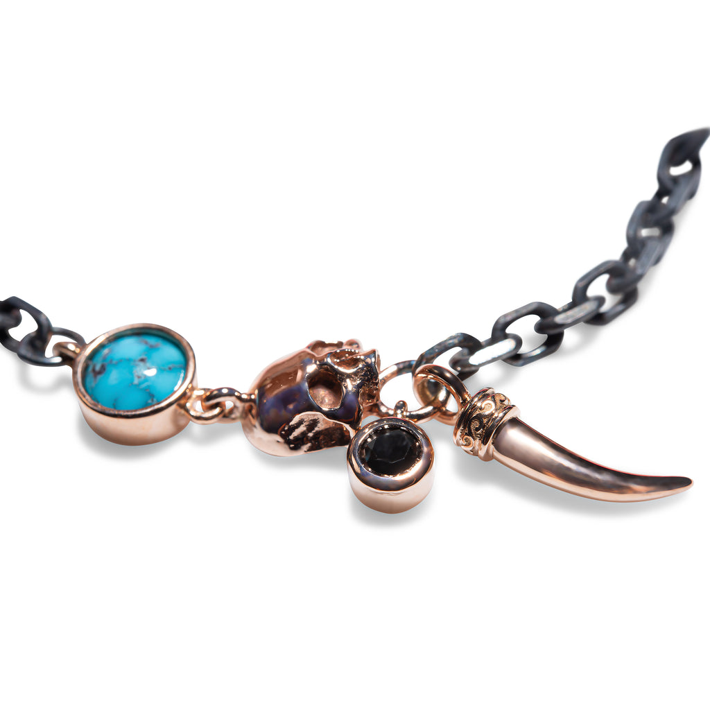 14ct Rose Gold - Oxidized Silver, Skull - Turquoise - Black Diamond Bracelet