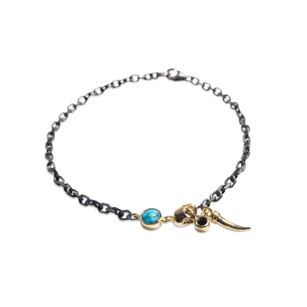 14ct Yellow Gold - Oxidized Silver, Skull - Turquoise - Black Diamond Bracelet