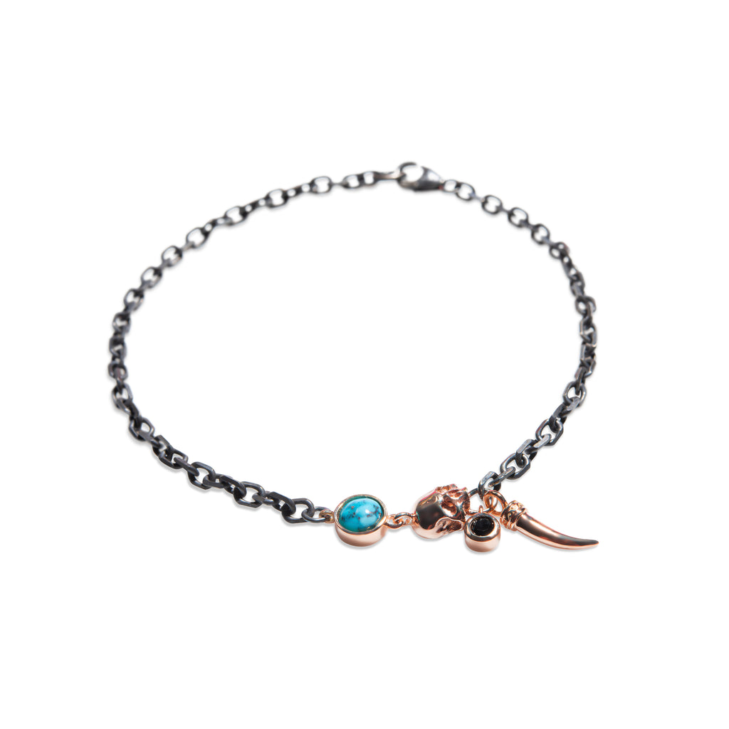 14ct Rose Gold - Oxidized Silver, Skull - Turquoise - Black Diamond Bracelet