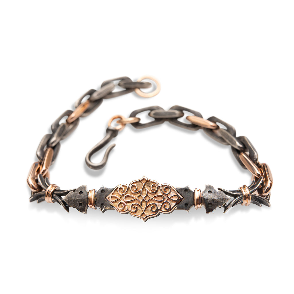 14Ct Rose Gold - Oxidized Sterling Silver Filigree Pattern Link Bracelet