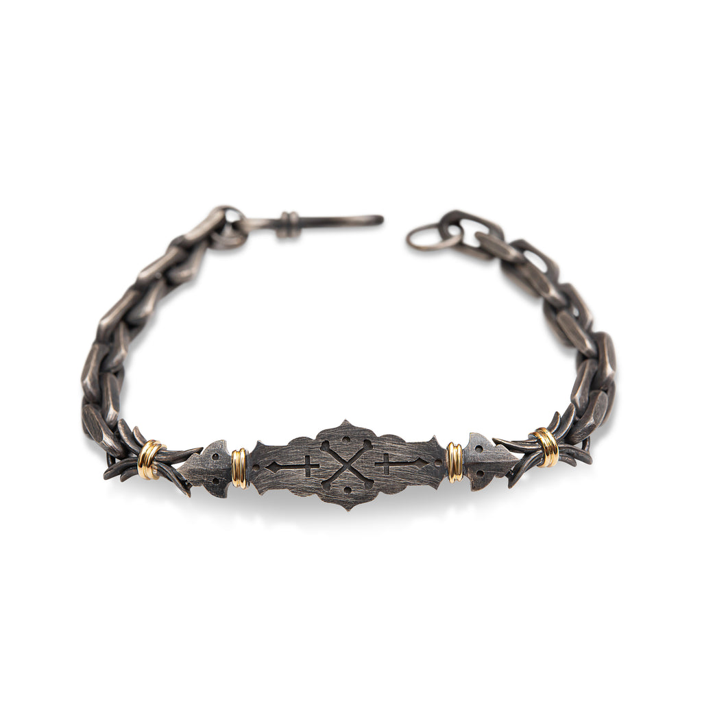 14ct Yellow Gold - Oxidized Sterling Silver, Cross-Bones Linked Bracelet