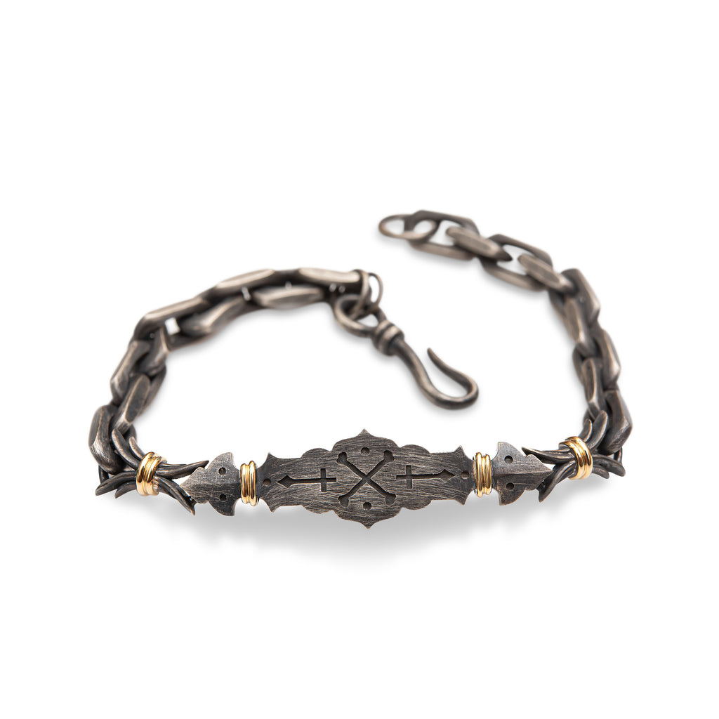 14ct Yellow Gold - Oxidized Sterling Silver, Cross-Bones Linked Bracelet