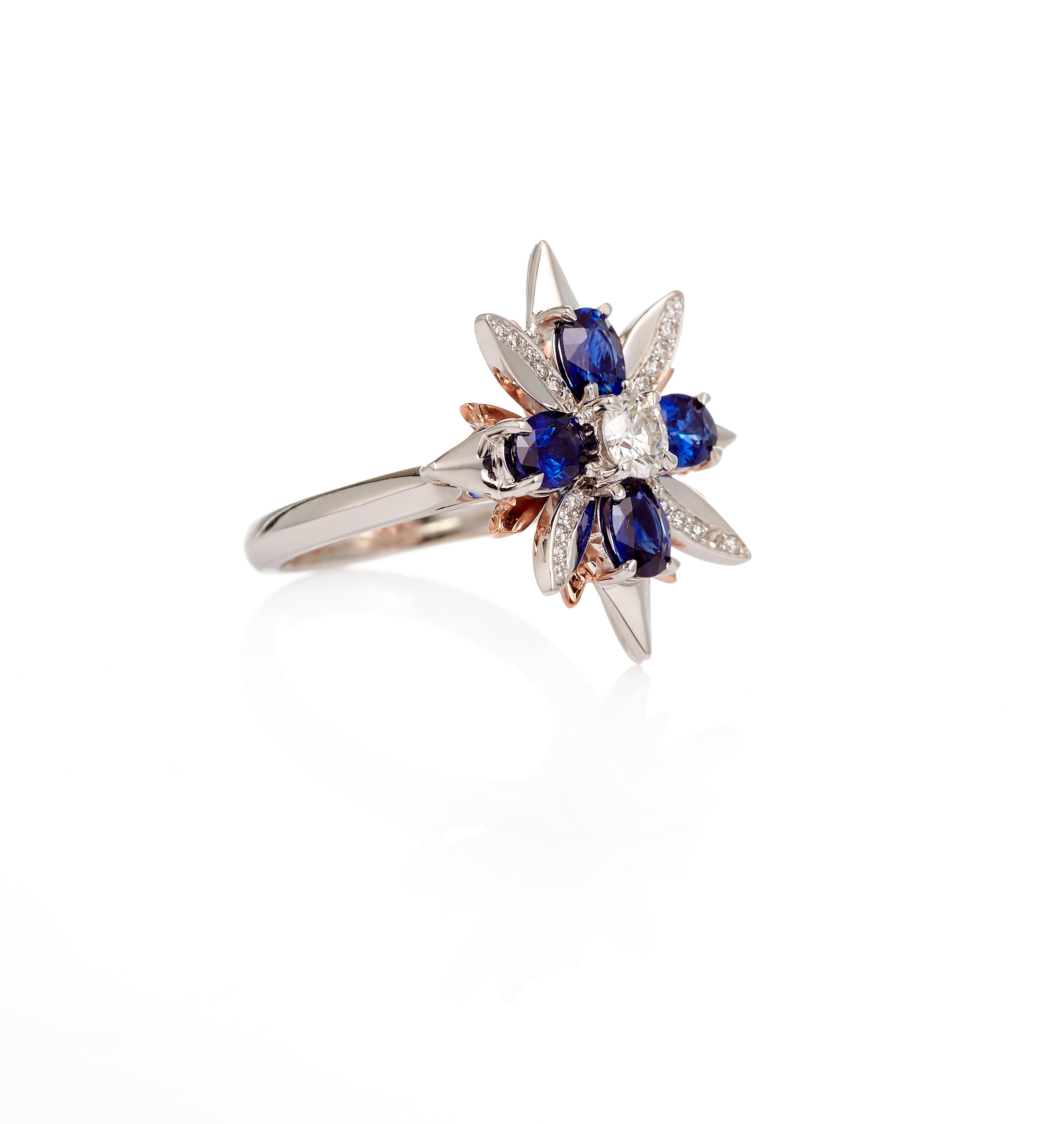18ct White - Rose Gold Ceylon Sapphire - Diamond Petal Ring