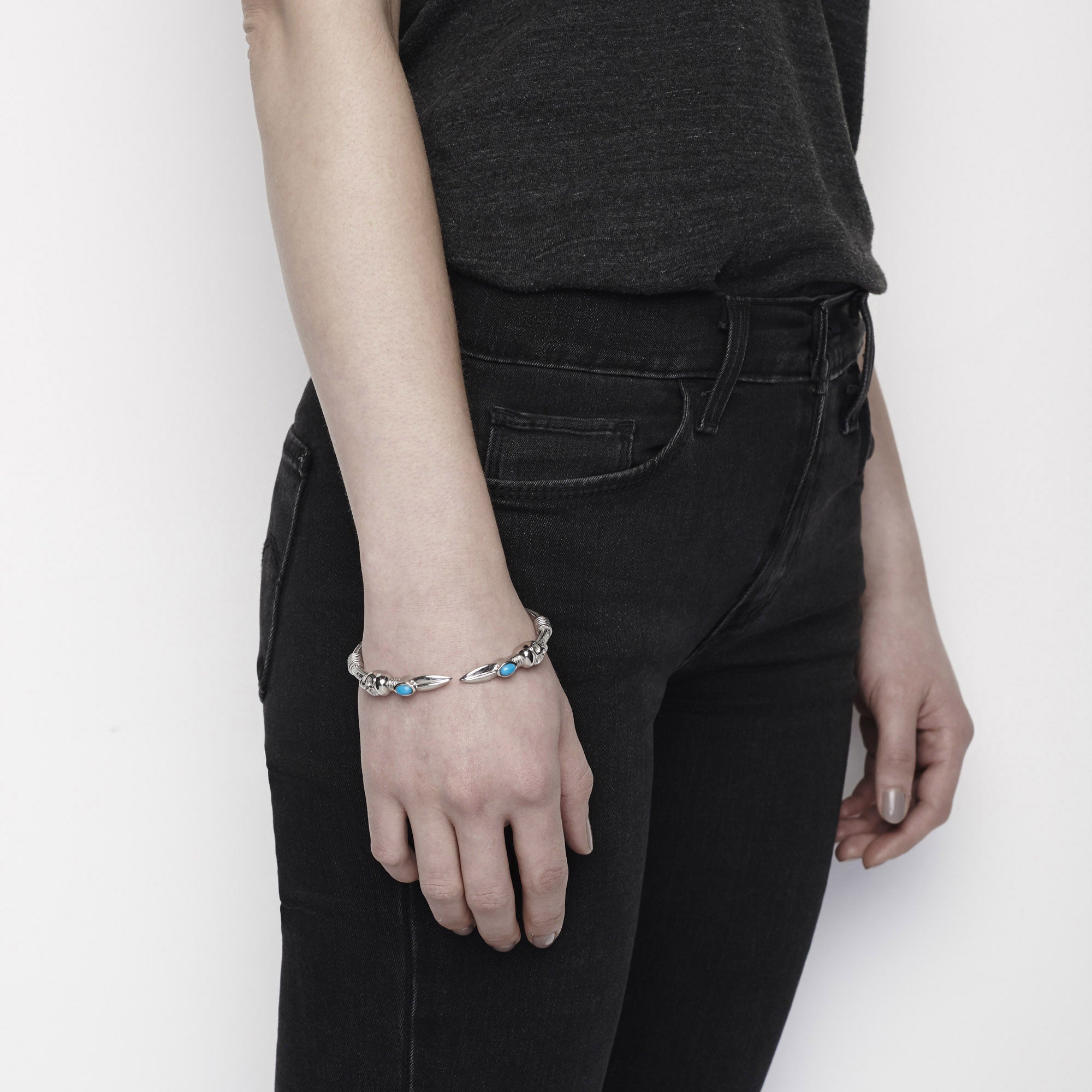 Skull Arrow Stone Bangle - Steel & Turquoise