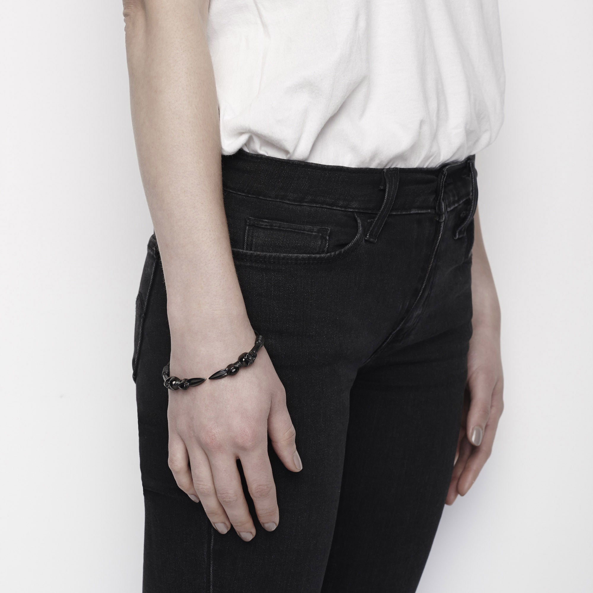 Skull Arrow Stone Bangle - Black Steel & Onyx