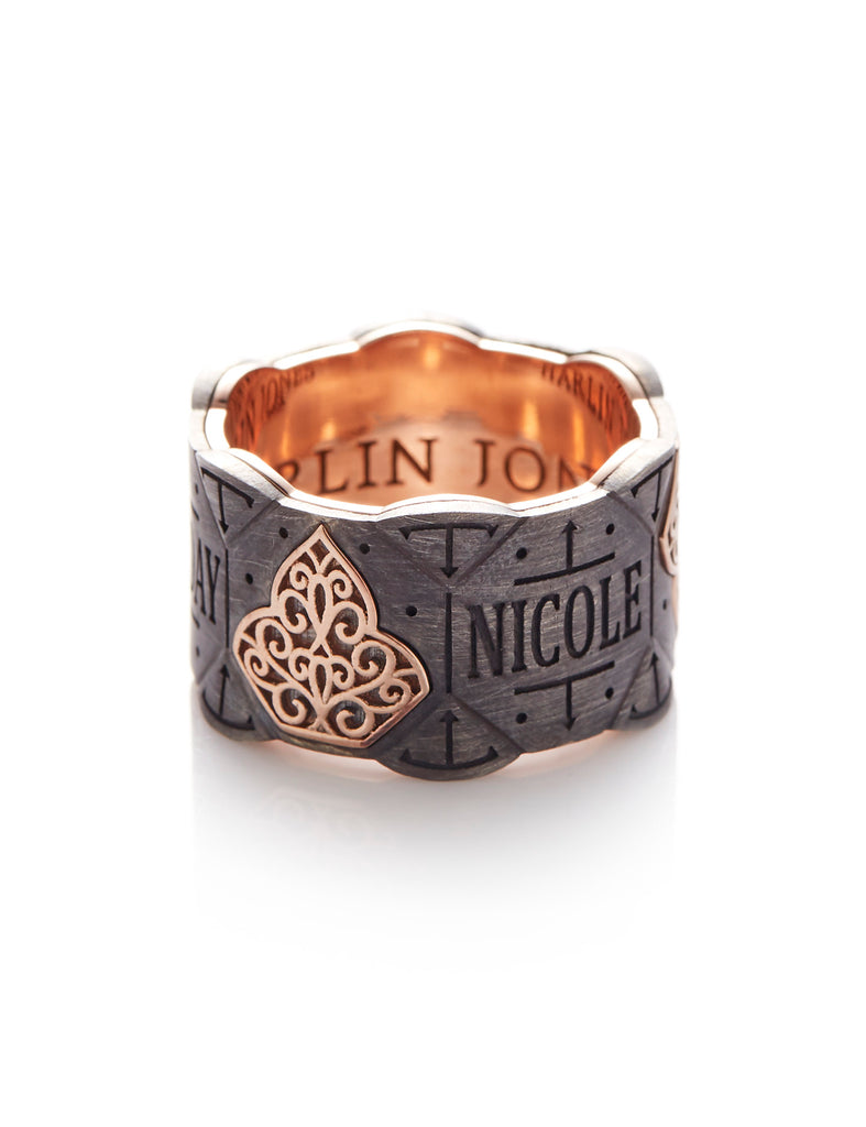 18ct Rose Gold - Oxidized Silver Wedding Band With Filigree Pattern