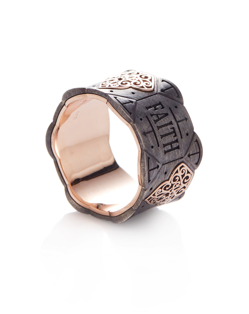 18ct Rose Gold - Oxidized Silver Wedding Band With Filigree Pattern