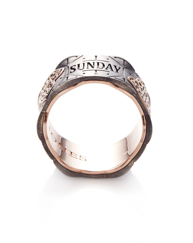 18ct Rose Gold - Oxidized Silver Wedding Band With Filigree Pattern