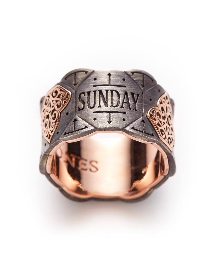 18ct Rose Gold - Oxidized Silver Wedding Band With Filigree Pattern