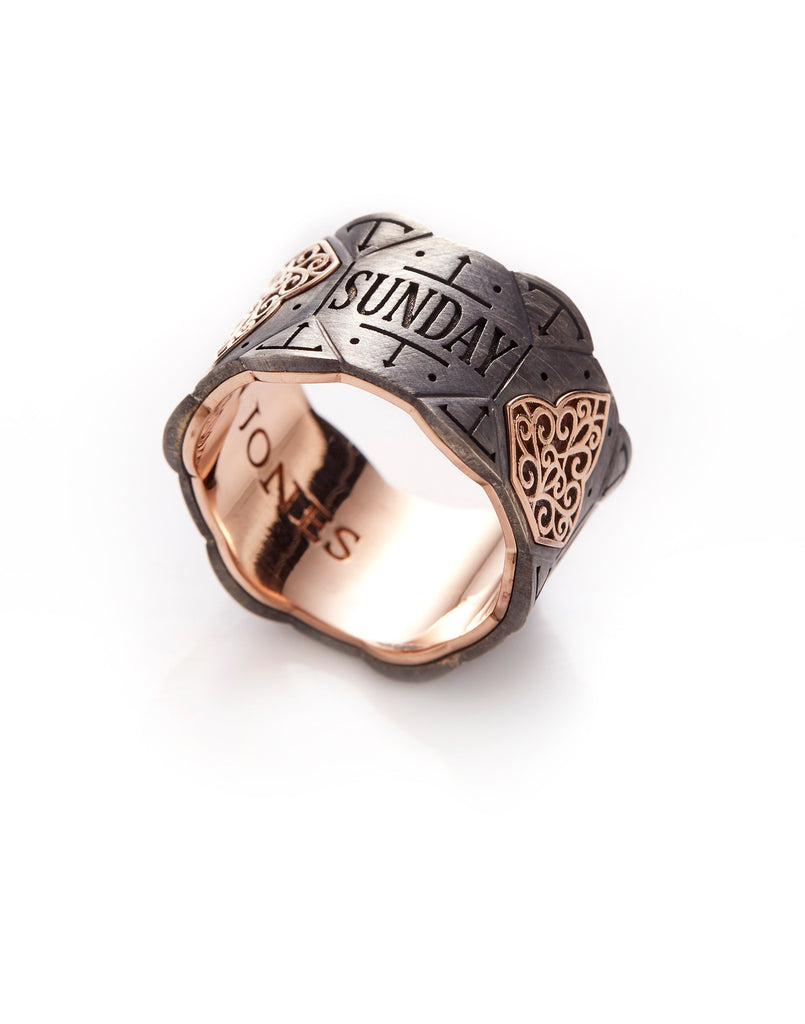 18ct Rose Gold - Oxidized Silver Wedding Band With Filigree Pattern