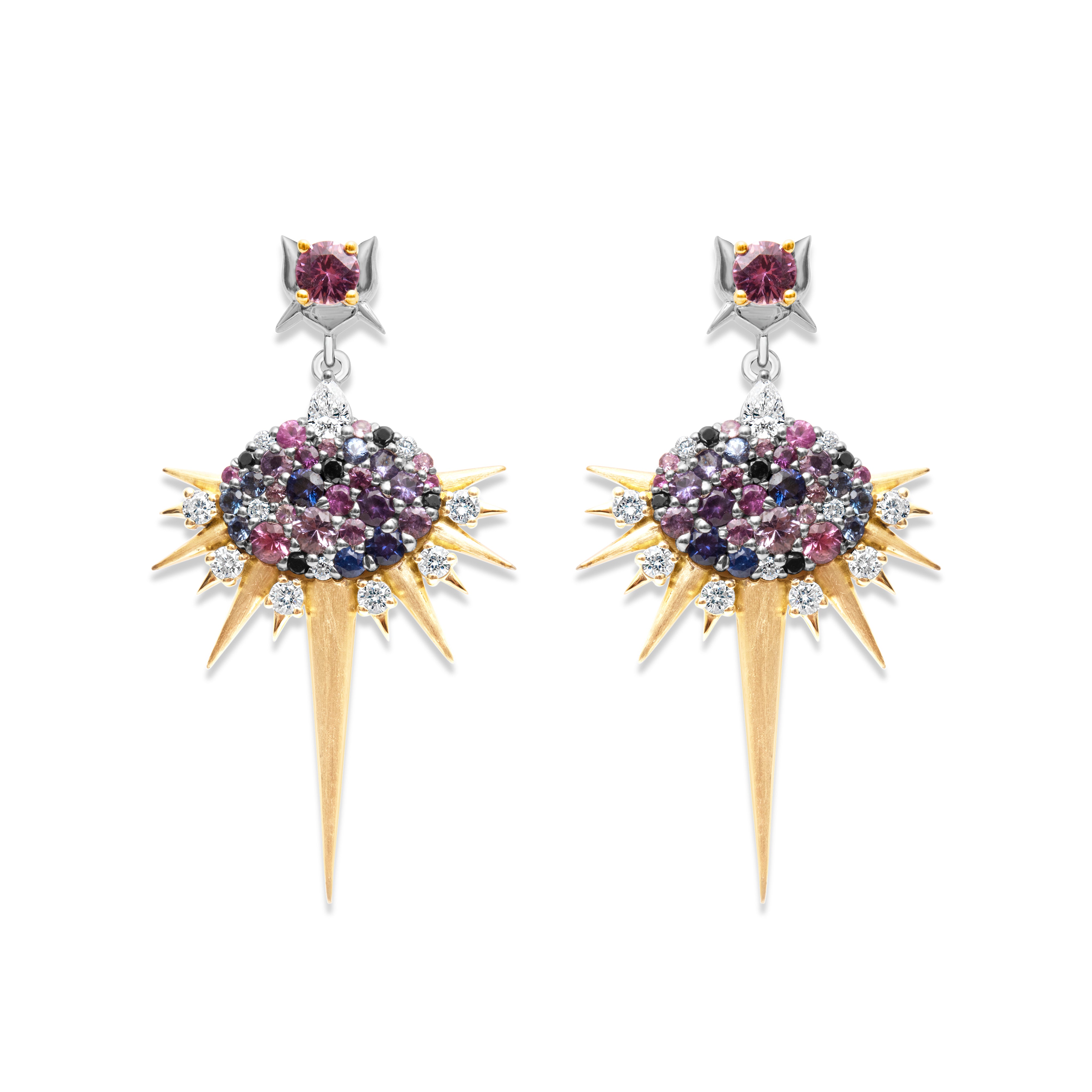  Multicolored bespoke sapphire and diamond drop earrings. Earring stud is a white gold butterfly-shaped design with a round pink sapphire. From the stud, a single white gold chain link connects to a tear-drop diamond. From there, a horizontal oval shape design with round mixed color sapphires and clear and black diamonds of varying sizes. Spikes of yellow gold extend outwards below the oval, with an extra-long spike extending straight down. Spikes are intercut with 6 round brilliant cut diamonds.