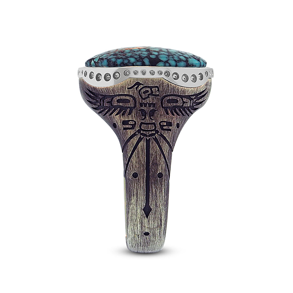 Silver Black webbed Kingman Turquoise Ring - Thunderbird