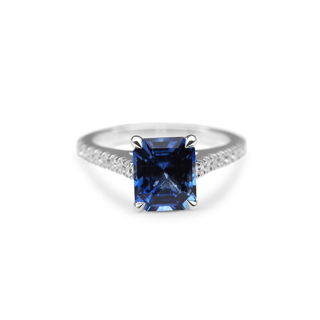White Gold - Emerald Cut Ceylon Sapphire - Diamond Engagement Ring