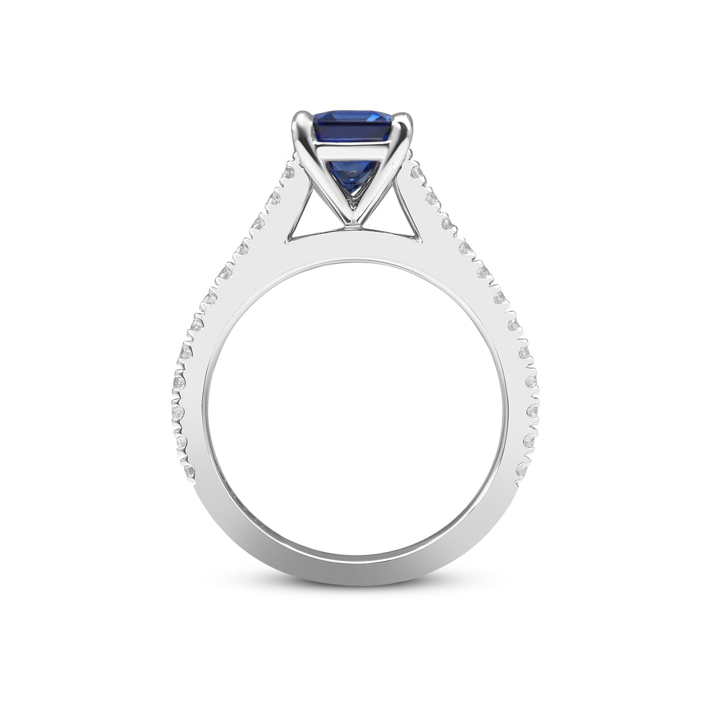 White Gold - Emerald Cut Ceylon Sapphire - Diamond Engagement Ring