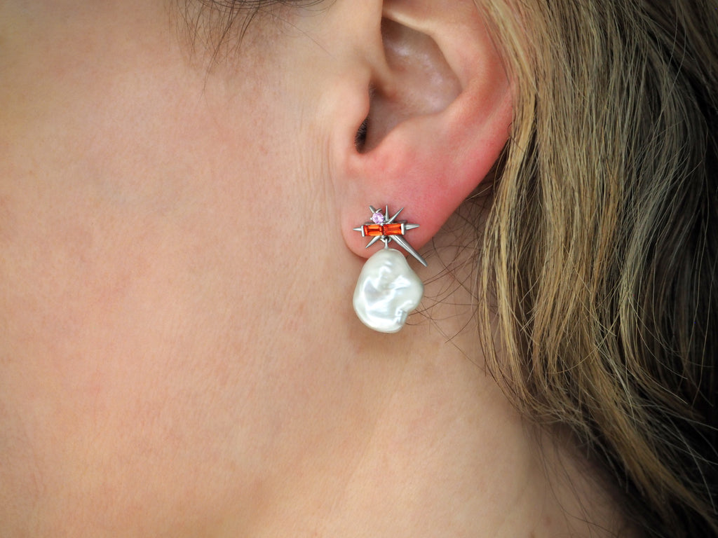 Orange Sapphire & Baroque Pearl Drop Earrings - Spike Earrings