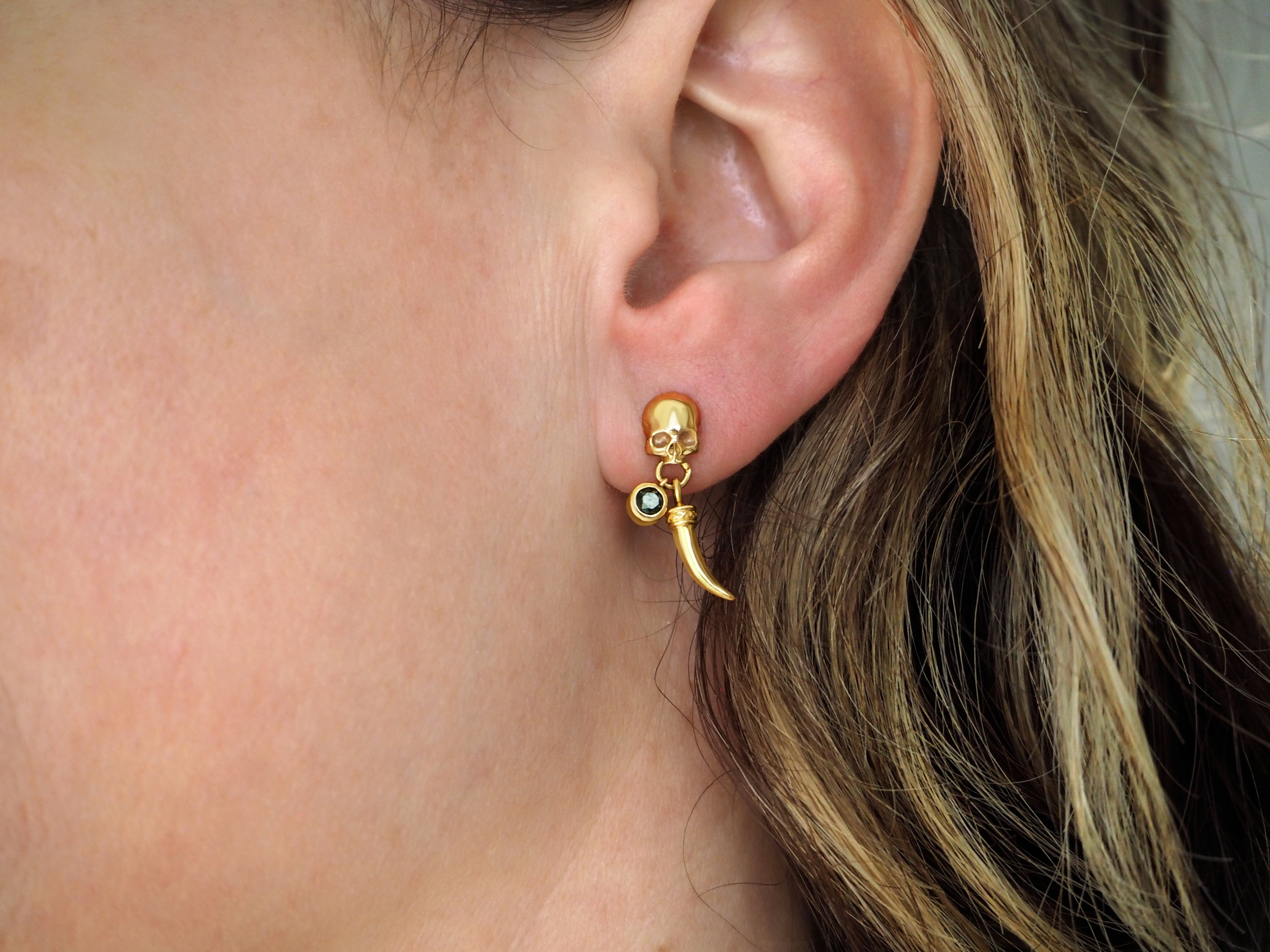 Gold Skull Earring with Black Diamond & Tusk