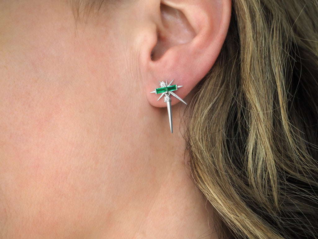 Emerald & Diamond Drop Earrings - Spike Earrings