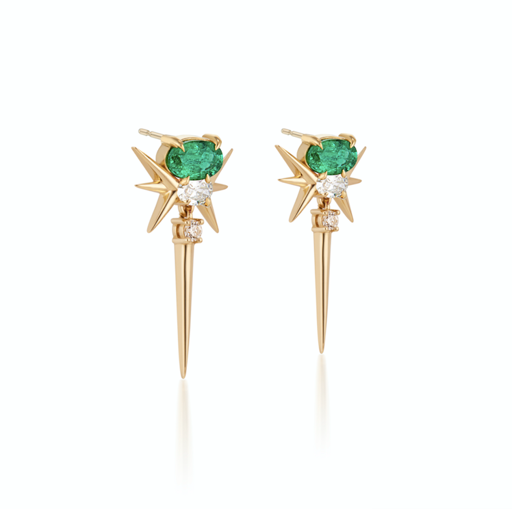 18ct Yellow Gold Muzo Emerald & Diamond Spike Drop Earrings