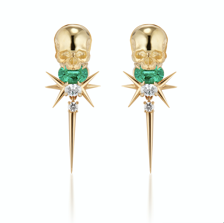 18ct Yellow Gold Muzo Emerald & Diamond Skull - Spike Drop Earrings