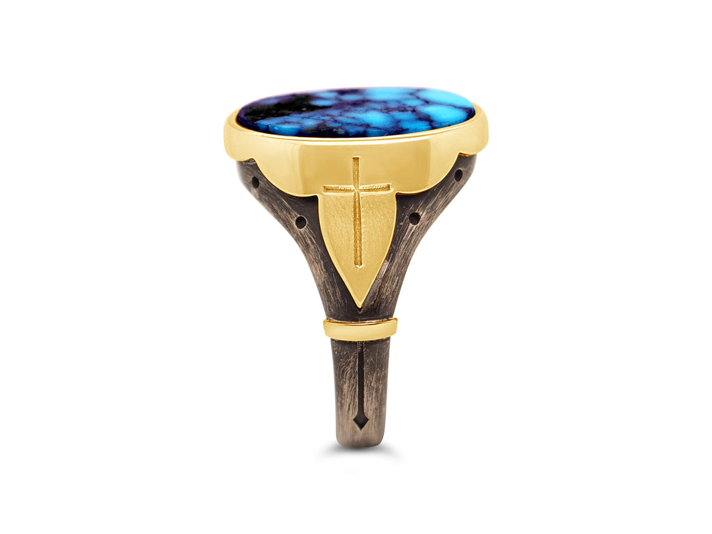 18ct Yellow Gold - Oxidized Silver Ithaca Peak Turquoise Mens Signet Ring