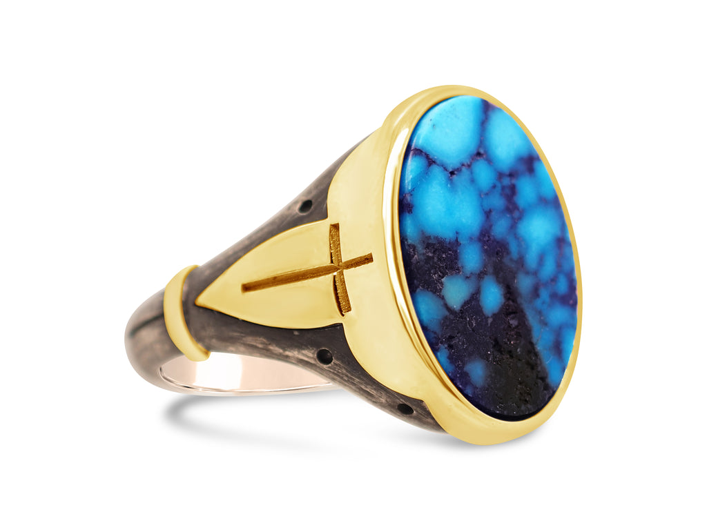 18ct Yellow Gold - Oxidized Silver Ithaca Peak Turquoise Mens Signet Ring