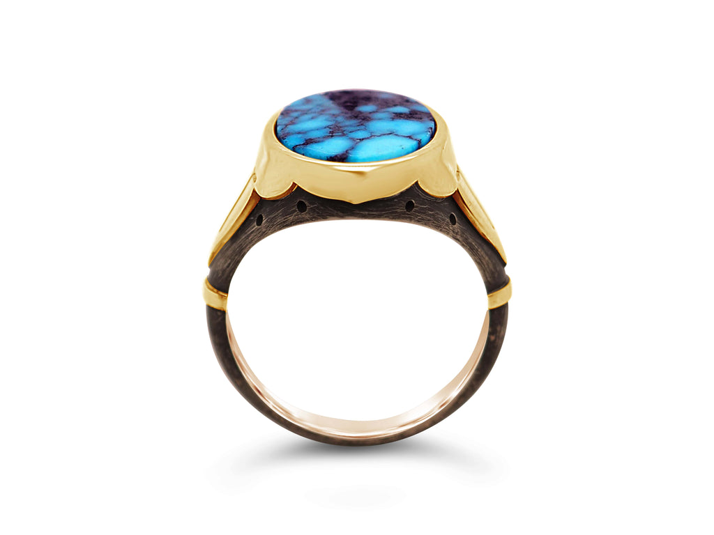 18ct Yellow Gold - Oxidized Silver Ithaca Peak Turquoise Mens Signet Ring