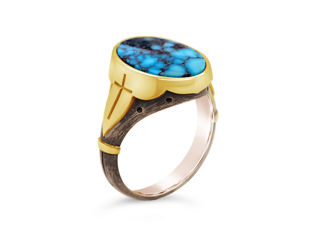 18ct Yellow Gold - Oxidized Silver Ithaca Peak Turquoise Mens Signet Ring