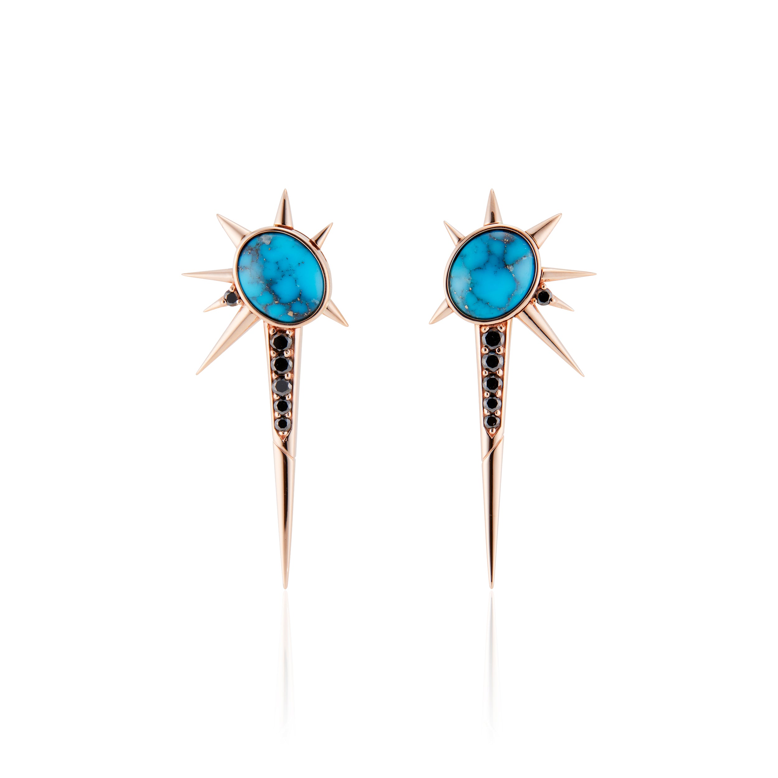 Front view. Spike drop earrings, each with 1 tilted oval-shaped turquoise stone. 8 rose gold spikes of varying lengths in an abstract star pattern; 1 long black diamond encrusted spike pointed down, 1 black diamond at the base of a short spike.