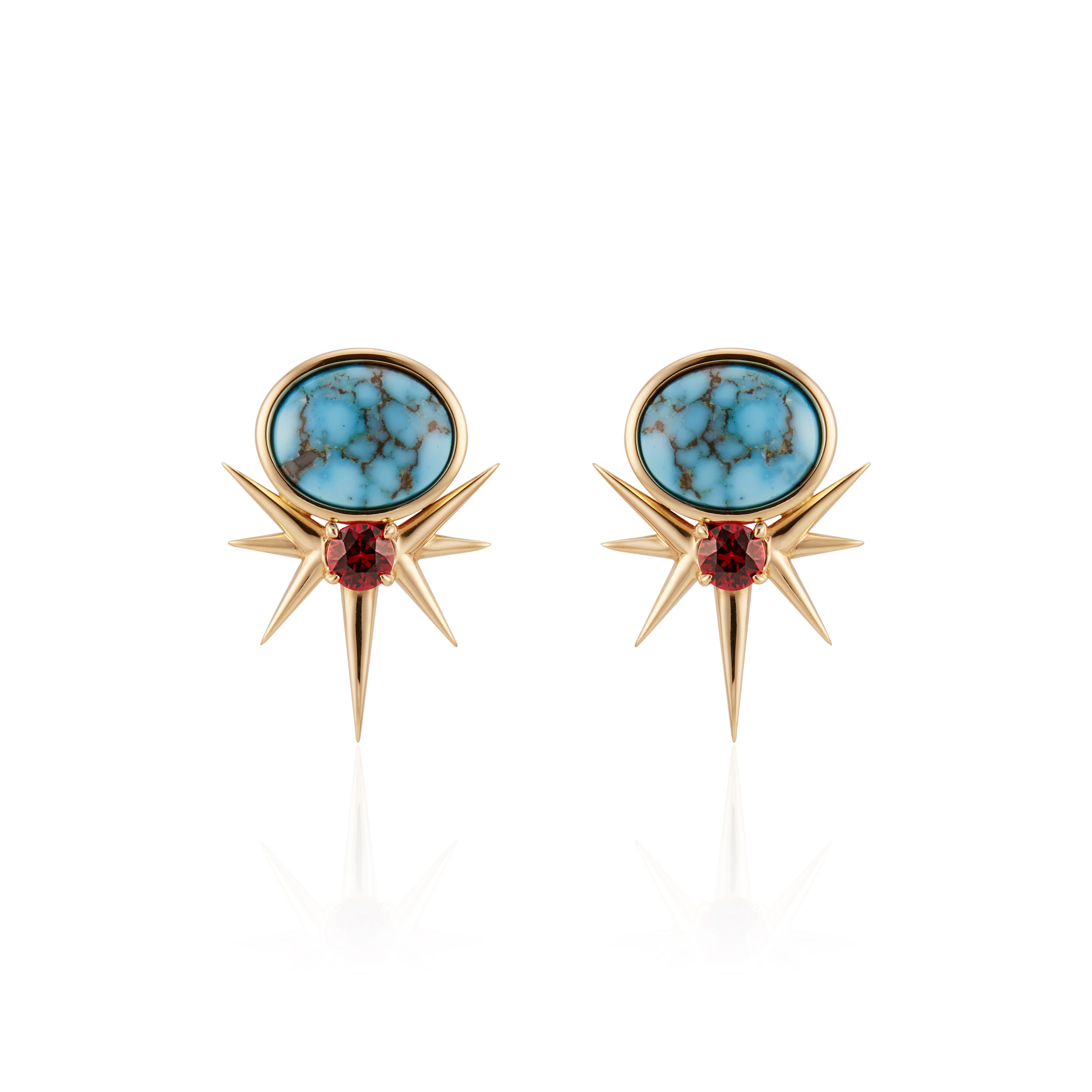 Gold starburst earrings with turquoise center and blood orange color sapphire stone detail.